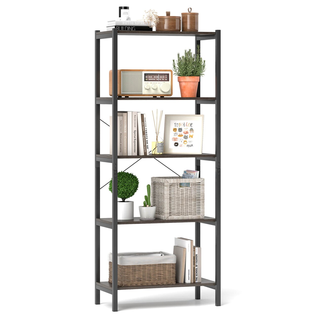 Costway 5-Tier Rustic Industrial Bookshelf Wood Display Storage Rack with Metal Frame